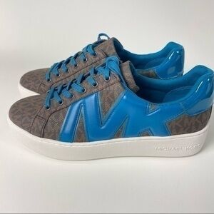 Michael Kors Poppy Logo and Faux Patent Leather Sneakers Shoes size 9 in Lagoon